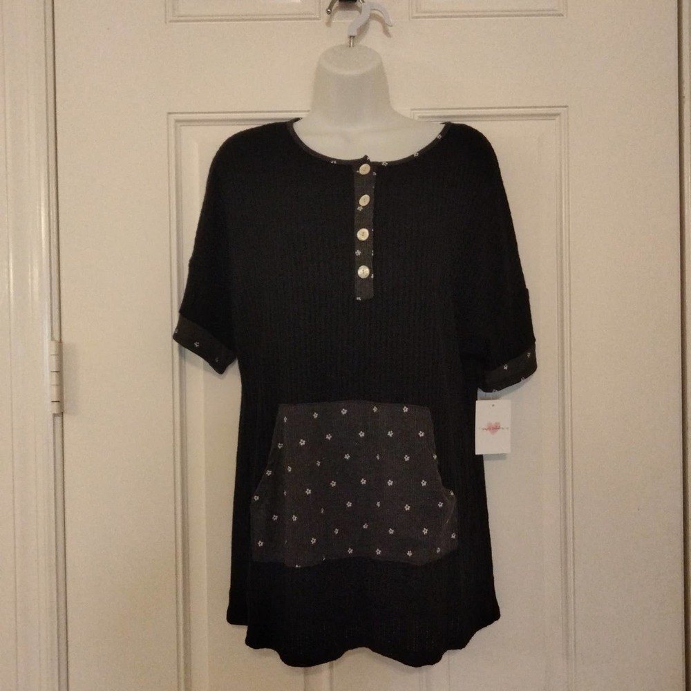 Black rayon blend shirt front pocket mother of pearl buttons floral  trim